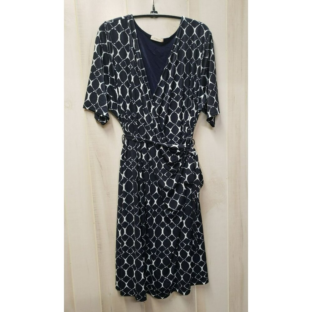 Gilli 2X Faux Wrap Dress, Navy & White Geometric Print, Short Sleeve, Stretchy